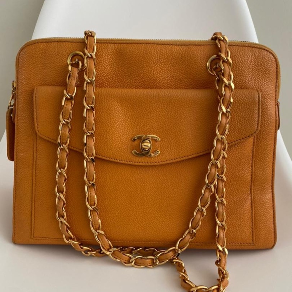 Chanel Front Pocket Camera Bag Orange Caviar Large